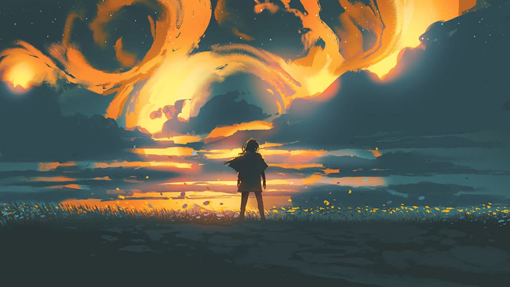 An illustration of a human facing their back to us, off in the distance in a field of flowers. The sky is seen to be filled with dark clouds and orange and yellow lights as if the sun were setting or rising.