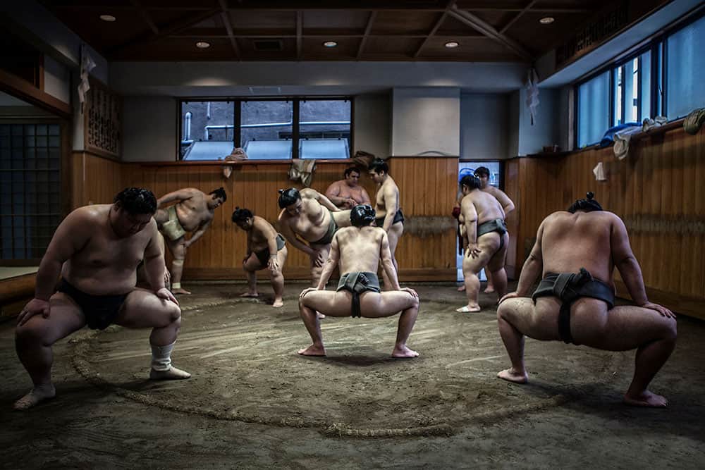 A sumo stable with many sumo wrestlers squatting and stretching in a practice room.